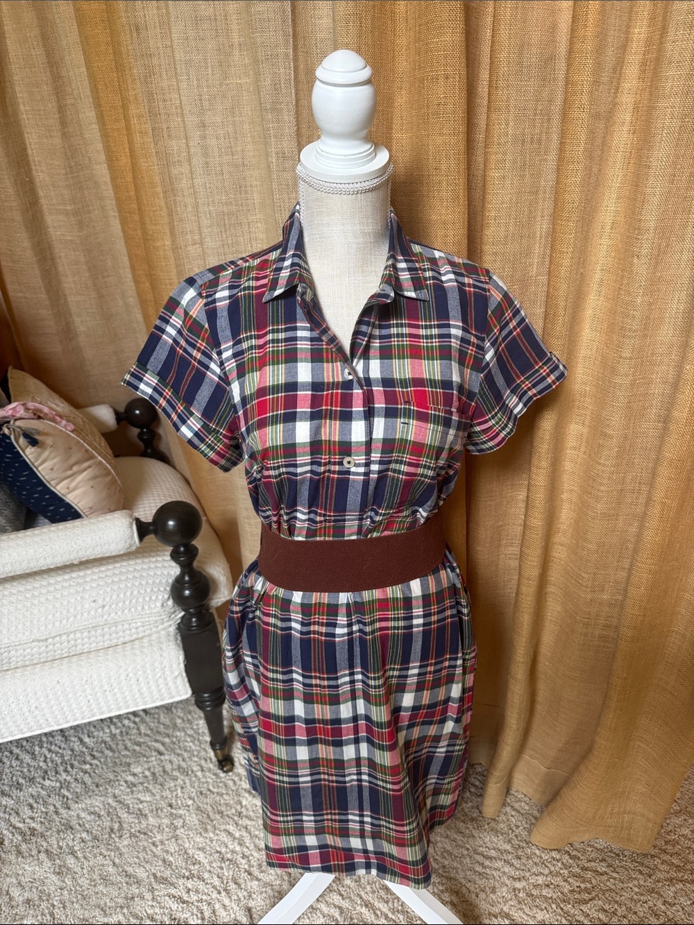 J. Crew Navy, Red & White Plaid Midi Shirt Dress